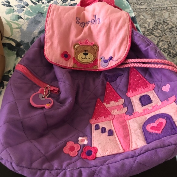 Sarah monogram Kids fabric backpack pink castle picture drawstring snap closure - Picture 3 of 3